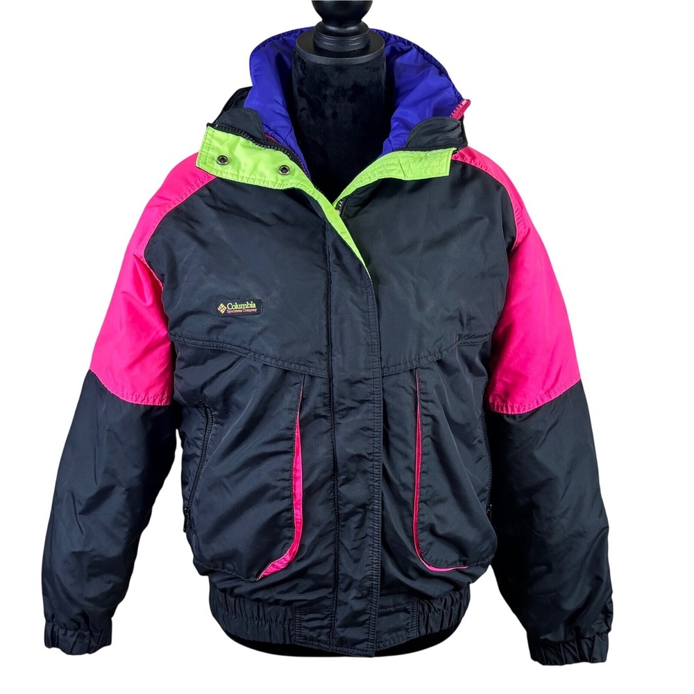 Columbia Powder Keg Vintage 3-in-1 Ski Jacket Neon Colorblock Pink Purple Black